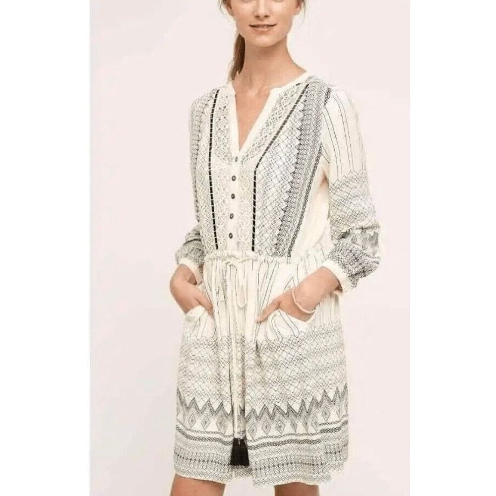 Anthropologie Floreat Perrie Lace Tribal Print Cream Black Tunic Dress Size 0